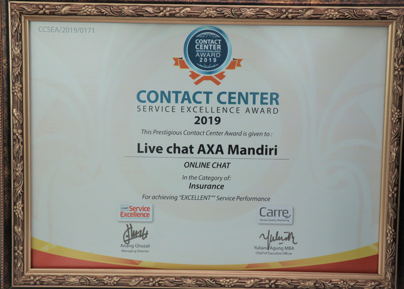 Contact Center Service Excellence Award 2019 - Live Chat AXA Mandiri Category Insurance