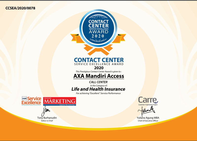 Contact Center Service Excellence Award 2020 - Kategori Life and Health Insurance - Contact Center